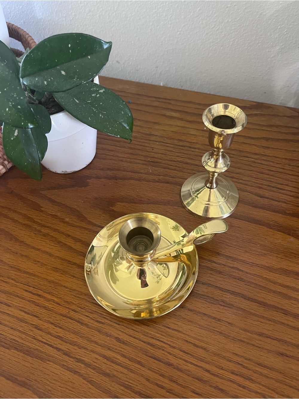 Brass Chamberstick and Taper Candlestick Set - Shiny Gold